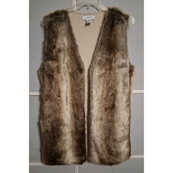 Liz Claiborne Faux Fur Open Front Sweater Vest Size L Brown/Tan Knit Grannycore - Picture 1 of 8